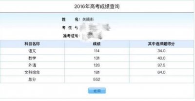 ​关晓彤高考文化成绩552 考北电表演专业排第一